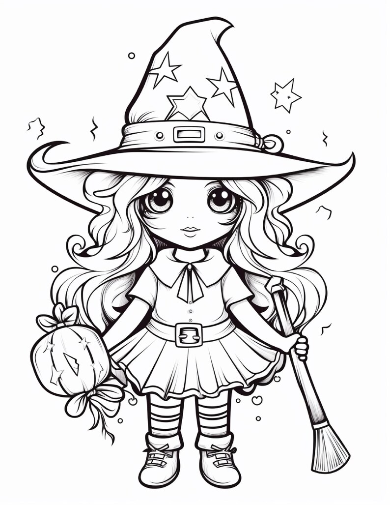 May include: A black and white line art illustration of a character wearing a wide-brimmed witch hat decorated with stars. The character has long wavy hair, a collared dress with a belt, striped socks, and boots, holding a pumpkin and a broomstick.