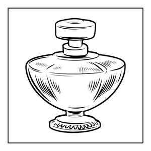 Op de afbeelding: Een zwart-witte lijntekening van een glazen parfumfles. De fles heeft een brede, ronde vorm met verticale schaduwlijnen, een korte hals, een cilindervormige dop en een ronde voet met een decoratieve, geschulpte randafwerking.