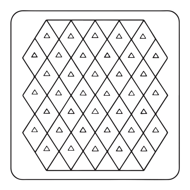 May include: A square-shaped die cut template featuring a repeating diamond pattern. Each individual diamond shape contains a small, centred triangle outline. The entire design is rendered in black lines against a plain white background.