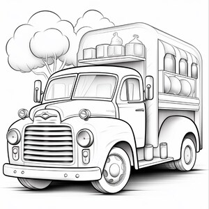May include: A black and white line art illustration of a vintage delivery truck. The truck features a prominent front grille, round headlights, and a cargo area loaded with various containers and rounded items. Stylised trees appear in the background.