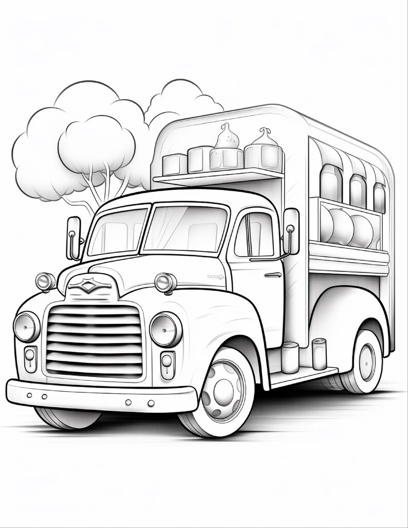 May include: A black and white line art illustration of a vintage delivery truck. The truck features a prominent front grille, round headlights, and a cargo area loaded with various containers and rounded items. Stylised trees appear in the background.