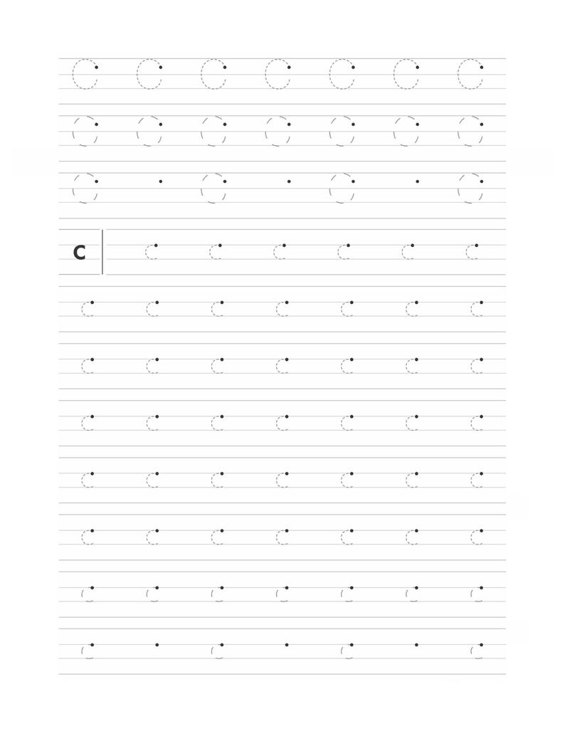 A printable worksheet page with lined rows for tracing uppercase and lowercase letter C curves.