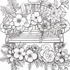 K&ouml;nnte beinhalten: Eine schwarz-wei&szlig;e Strichzeichnung, die eine h&ouml;lzerne Gartenbank zeigt, welche von verschiedenen bl&uuml;henden Blumen und &uuml;ppigem Blattwerk &uuml;berquillt. Die detaillierte Zeichnung zeigt eine Vielzahl von Bl&uuml;tenformen, Bl&auml;ttern und Ranken um die Sitzfl&auml;che.