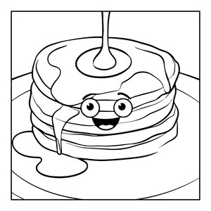 May include: A black and white line art illustration of a stack of pancakes on a plate. The pancakes feature a cartoon face with large eyes and a smiling mouth. Syrup is being poured from above, coating the top pancake and dripping down the sides.