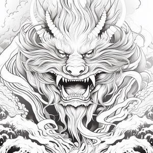 Puede incluir: Una ilustraci&oacute;n en blanco y negro de una cabeza de drag&oacute;n con expresi&oacute;n feroz, dientes afilados y una melena fluida. El drag&oacute;n est&aacute; rodeado de nubes estilizadas y olas rompientes, representadas con l&iacute;neas detalladas y precisas.