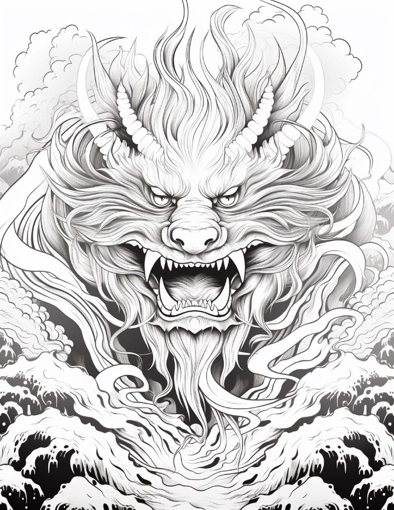 Puede incluir: Una ilustraci&oacute;n en blanco y negro de una cabeza de drag&oacute;n con expresi&oacute;n feroz, dientes afilados y una melena fluida. El drag&oacute;n est&aacute; rodeado de nubes estilizadas y olas rompientes, representadas con l&iacute;neas detalladas y precisas.