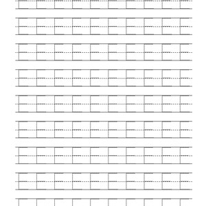 Pode incluir: Uma folha de papel branco com uma grade de linhas pretas tracejadas projetada para a pr&aacute;tica de caligrafia. O layout consiste em oito linhas horizontais, cada uma contendo v&aacute;rias caixas retangulares com uma linha tracejada central para alinhamento.