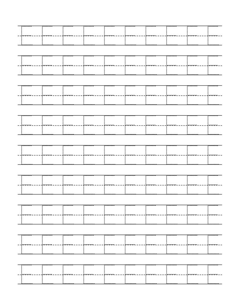 Pode incluir: Uma folha de papel branco com uma grade de linhas pretas tracejadas projetada para a pr&aacute;tica de caligrafia. O layout consiste em oito linhas horizontais, cada uma contendo v&aacute;rias caixas retangulares com uma linha tracejada central para alinhamento.