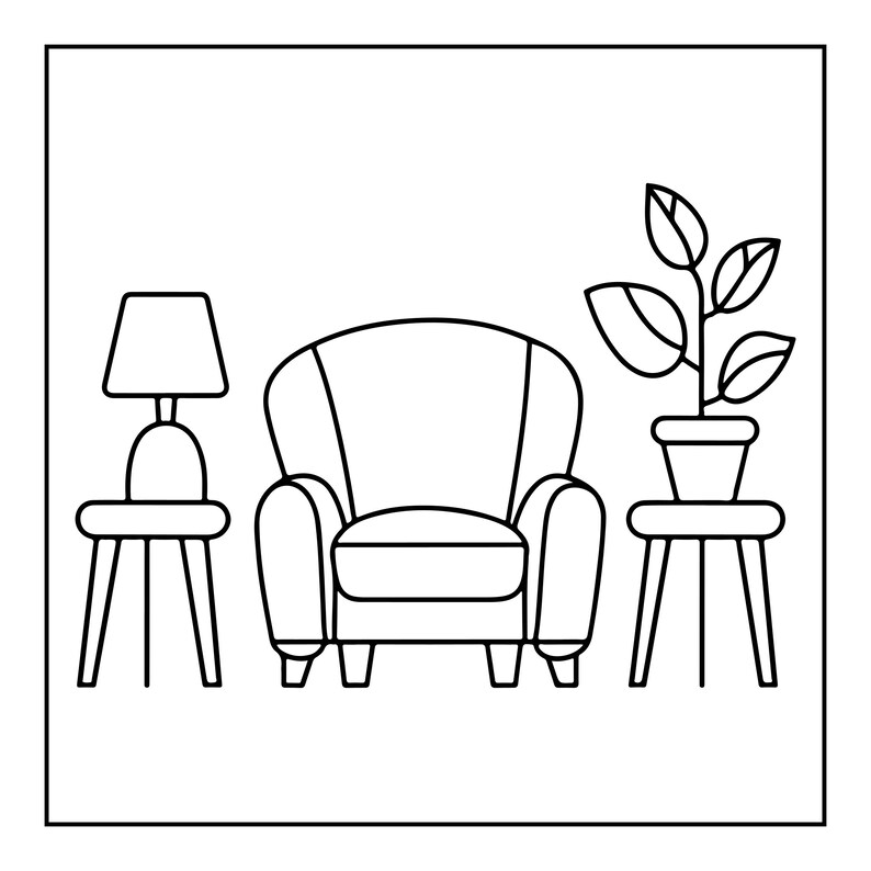 K&ouml;nnte beinhalten: Eine schwarz-wei&szlig;e Strichzeichnung mit einem zentralen Sessel, der von zwei kleinen Tischen flankiert wird. Auf dem linken Tisch steht eine Lampe mit konischem Schirm, w&auml;hrend auf dem rechten Tisch eine Topfpflanze mit vier Bl&auml;ttern steht. Alles ist gerahmt.
