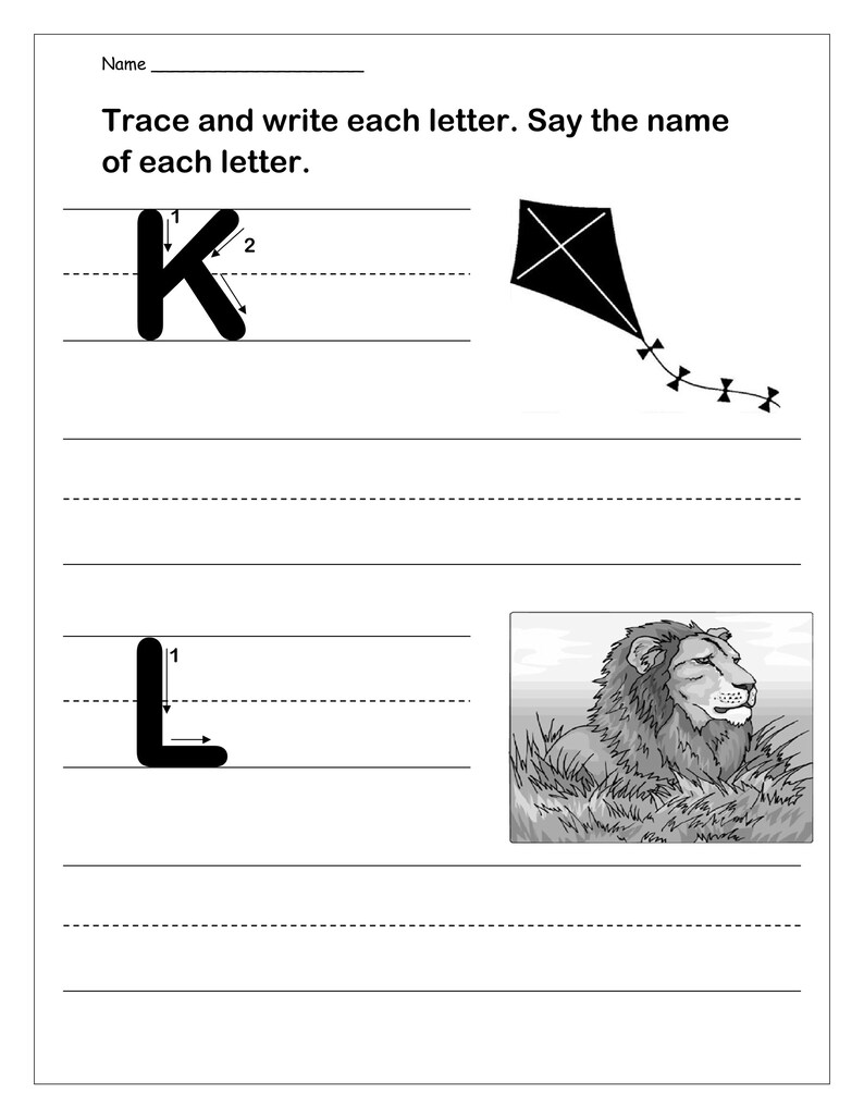 May include: An educational worksheet with the text Trace and write each letter. Say the name of each letter. It features the uppercase letter K with directional arrows, a black kite illustration, the letter L, and a lion illustration in grass.