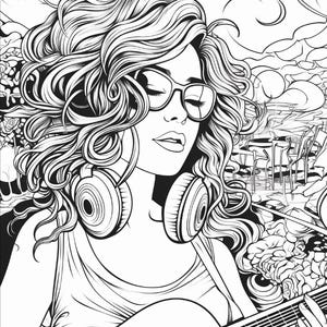 May include: A black and white line art illustration featuring a person with voluminous wavy hair wearing glasses and headphones around their neck. The person is playing an acoustic guitar, with detailed swirling patterns in the background.
