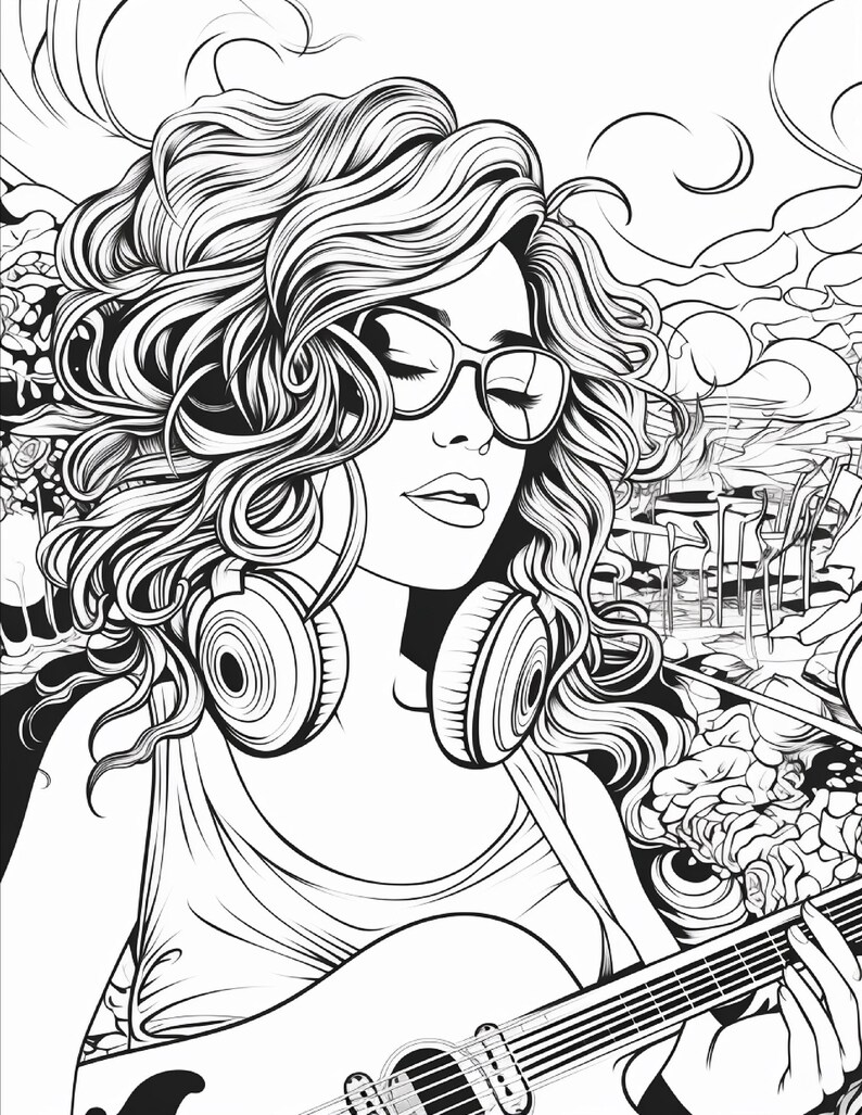 May include: A black and white line art illustration featuring a person with voluminous wavy hair wearing glasses and headphones around their neck. The person is playing an acoustic guitar, with detailed swirling patterns in the background.