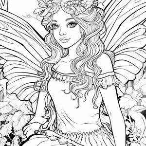 May include: A black and white line art coloring page illustration featuring a fairy with long wavy hair, a floral headpiece, and large detailed wings. The figure wears a ruffled top and is surrounded by foliage, branches, and leaves in a forest setting.