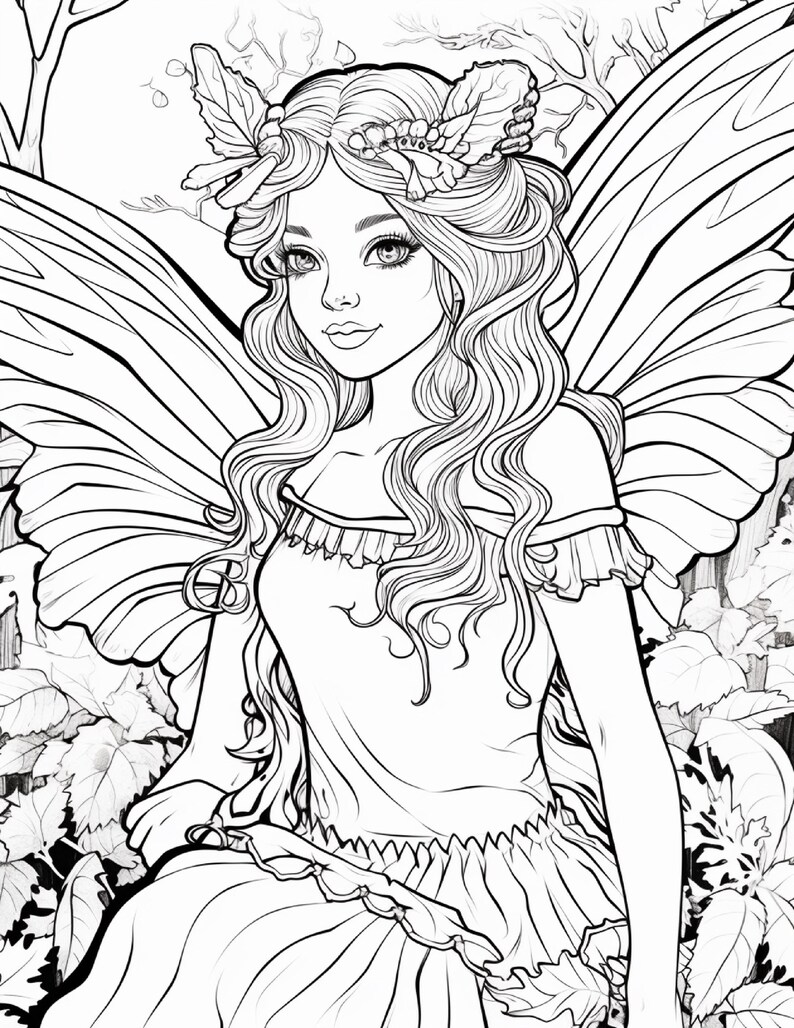 May include: A black and white line art coloring page illustration featuring a fairy with long wavy hair, a floral headpiece, and large detailed wings. The figure wears a ruffled top and is surrounded by foliage, branches, and leaves in a forest setting.