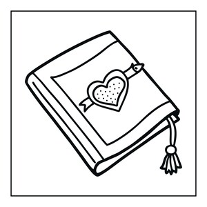 May include: A black and white line art illustration of a closed book. The cover features a central heart shape with a dotted texture, positioned on a horizontal band. A thin bookmark with a small tassel hangs from the bottom right corner of the book.