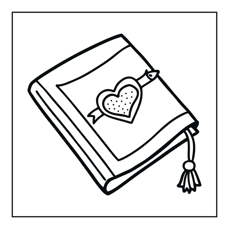 May include: A black and white line art illustration of a closed book. The cover features a central heart shape with a dotted texture, positioned on a horizontal band. A thin bookmark with a small tassel hangs from the bottom right corner of the book.