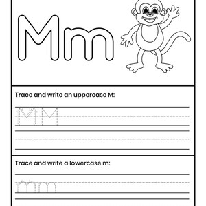 Pu&ograve; includere: Una scheda didattica in bianco e nero con il testo Color the letter Mm and a Monkey, un grande contorno della lettera Mm, un disegno al tratto di una scimmia e sezioni per tracciare e scrivere la M maiuscola e la m minuscola.