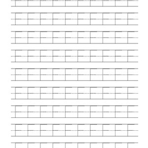 Pode incluir: Uma folha de papel branca com dez linhas para pr&aacute;tica de caligrafia. Cada linha consiste em uma linha superior s&oacute;lida, uma linha inferior s&oacute;lida e uma linha central tracejada para orientar a forma&ccedil;&atilde;o das letras.
