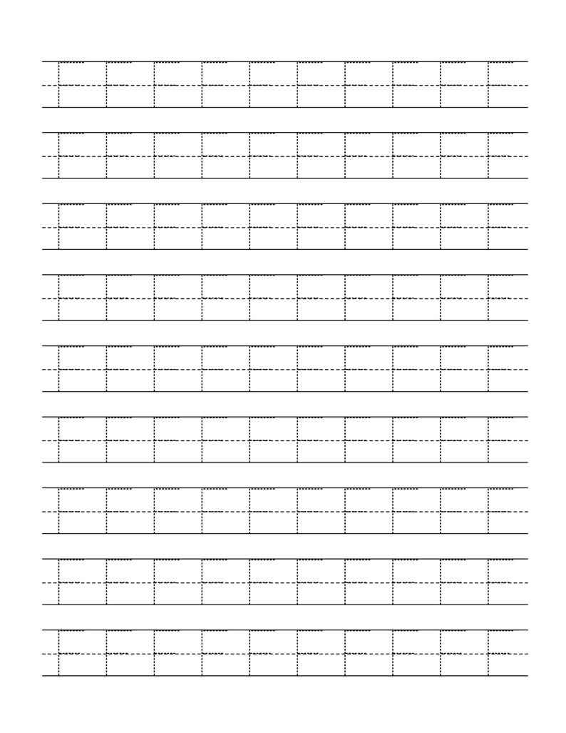 Pode incluir: Uma folha de papel branca com dez linhas para pr&aacute;tica de caligrafia. Cada linha consiste em uma linha superior s&oacute;lida, uma linha inferior s&oacute;lida e uma linha central tracejada para orientar a forma&ccedil;&atilde;o das letras.