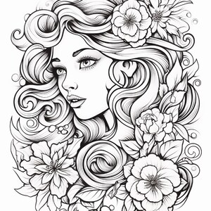 May include: A black and white line art illustration featuring a portrait of a person with long, flowing, wavy hair adorned with various large, detailed flowers and leaves. The composition includes intricate swirling patterns and botanical elements.