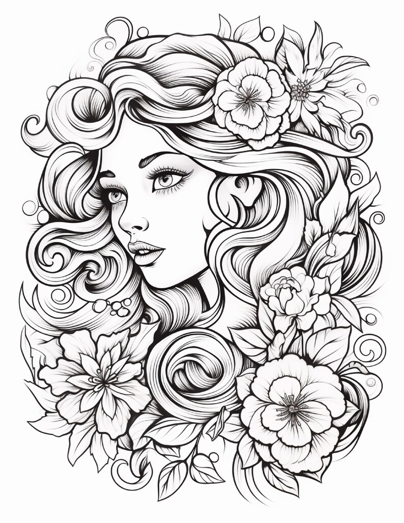 May include: A black and white line art illustration featuring a portrait of a person with long, flowing, wavy hair adorned with various large, detailed flowers and leaves. The composition includes intricate swirling patterns and botanical elements.