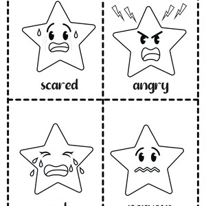 A sheet with four cut-out style cards featuring star characters expressing scared, angry, sad, and nervous emotions with corresponding labels.