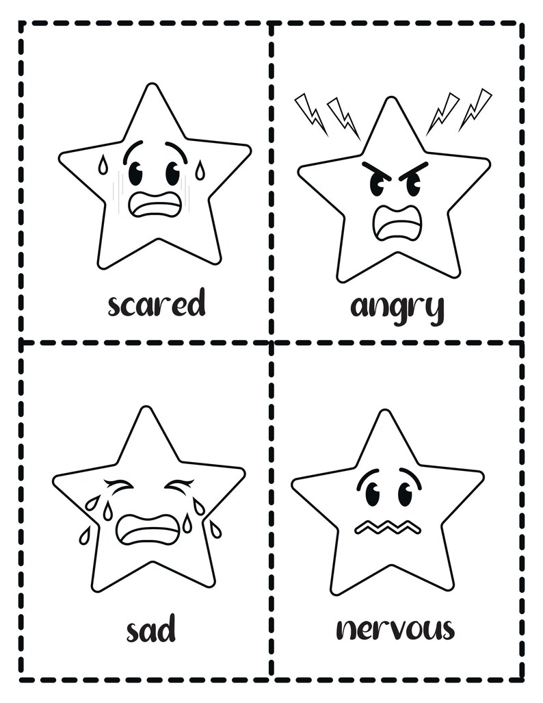 A sheet with four cut-out style cards featuring star characters expressing scared, angry, sad, and nervous emotions with corresponding labels.
