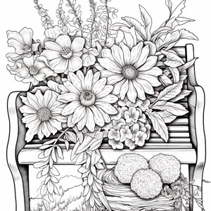K&ouml;nnte beinhalten: Eine schwarz-wei&szlig;e Strichzeichnung, die eine Holzbank zeigt, welche mit einem gro&szlig;en Blumenstrau&szlig; aus verschiedenen Bl&uuml;ten wie G&auml;nsebl&uuml;mchen und Hortensien gef&uuml;llt ist. Unter der Bank steht ein geflochtener Korb mit drei runden, strukturierten Blumenkugeln.