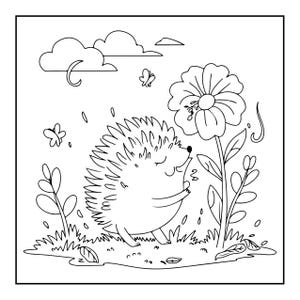 A black and white coloring page showing a hedgehog sniffing a large flower, with smaller flowers, leaves, and two butterflies in the background.