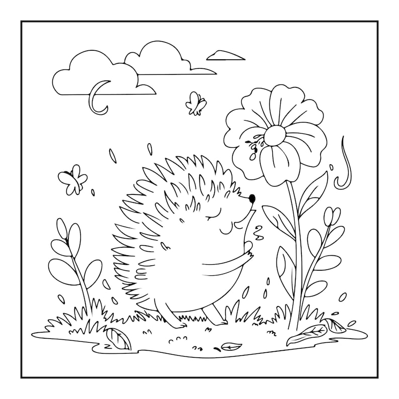 A black and white coloring page showing a hedgehog sniffing a large flower, with smaller flowers, leaves, and two butterflies in the background.