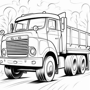 May include: A black and white line art illustration of a heavy-duty tipper truck. The vehicle features a large front grille, round headlights, side mirrors, and a spacious cargo bed. The background shows stylised trees and clouds in a simple sketch style.