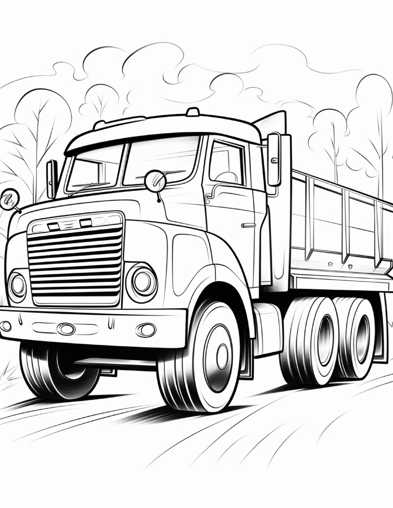 May include: A black and white line art illustration of a heavy-duty tipper truck. The vehicle features a large front grille, round headlights, side mirrors, and a spacious cargo bed. The background shows stylised trees and clouds in a simple sketch style.