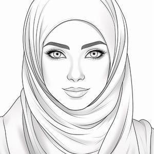 Pu&ograve; includere: Un'illustrazione in bianco e nero a tratto di un volto con sopracciglia definite, ciglia lunghe e un sorriso accennato. Il soggetto indossa un copricapo drappeggiato che incornicia il viso, con linee d'ombra dettagliate che creano profondit&agrave;.