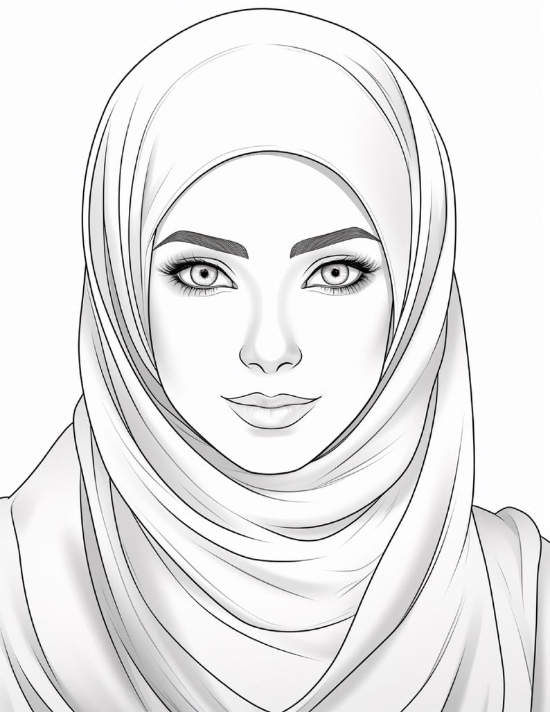 Pu&ograve; includere: Un'illustrazione in bianco e nero a tratto di un volto con sopracciglia definite, ciglia lunghe e un sorriso accennato. Il soggetto indossa un copricapo drappeggiato che incornicia il viso, con linee d'ombra dettagliate che creano profondit&agrave;.