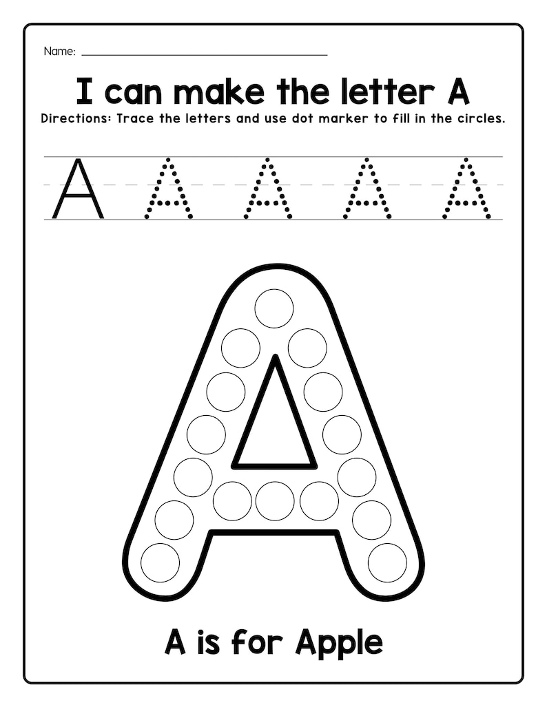 Peut inclure: Une fiche p&eacute;dagogique en noir et blanc intitul&eacute;e I can make the letter A. Elle comprend une ligne pour le nom, des instructions pour tracer les lettres et utiliser des marqueurs &agrave; points, une ligne de lettres A en pointill&eacute;s et un grand A.