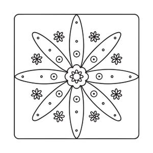 May include: A square black and white line art graphic featuring a central flower with eight elongated petals. Each petal contains small circles and a central dot. Smaller six-petaled flowers are positioned in the corners and between the petals.
