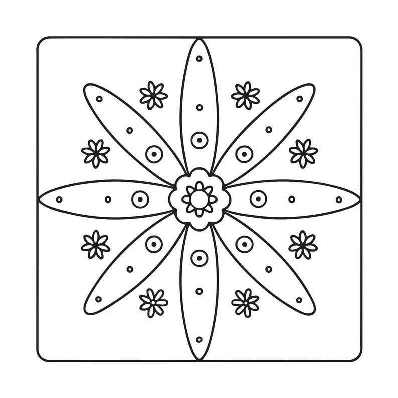 May include: A square black and white line art graphic featuring a central flower with eight elongated petals. Each petal contains small circles and a central dot. Smaller six-petaled flowers are positioned in the corners and between the petals.