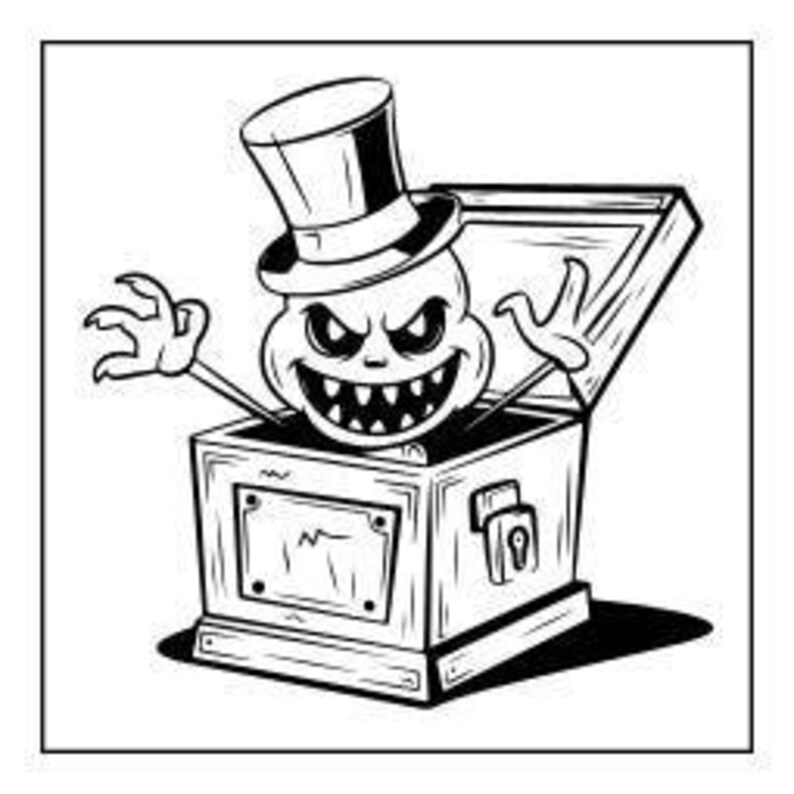A line art drawing of a grinning skull wearing a top hat, with two clawed hands, emerging from an open treasure chest, set against a square background.