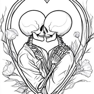 Puede incluir: Una ilustraci&oacute;n de arte lineal en blanco y negro que muestra a dos esqueletos abrazados dentro de un gran marco en forma de coraz&oacute;n. Los esqueletos est&aacute;n frente a frente, rodeados de delicados elementos florales y tallos.