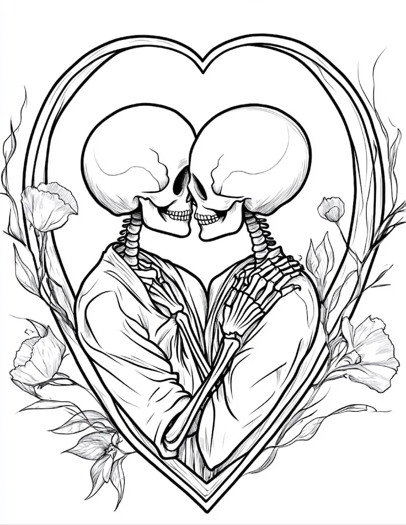 Puede incluir: Una ilustraci&oacute;n de arte lineal en blanco y negro que muestra a dos esqueletos abrazados dentro de un gran marco en forma de coraz&oacute;n. Los esqueletos est&aacute;n frente a frente, rodeados de delicados elementos florales y tallos.