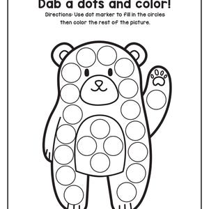 A coloring and dot marker worksheet titled Dab a dots and color featuring an outline drawing of a standing bear with circles inside its body and paws.