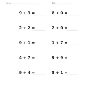May include: A white educational worksheet titled Addition &bull; Single Digit with lines for Name and Date. It features ten math problems arranged in two columns, including 9+3, 8+0, 2+2, 2+0, 9+1, 1+7, 4+7, 9+9, 9+4, and 5+1. The footer reads Single Digit Addition Practice and Page 2 of 100.