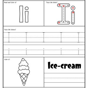 A printable worksheet page for the letter I with stroke order numbers, dashed writing lines, a coloring graphic of an ice cream cone, and letter circles at the bottom.