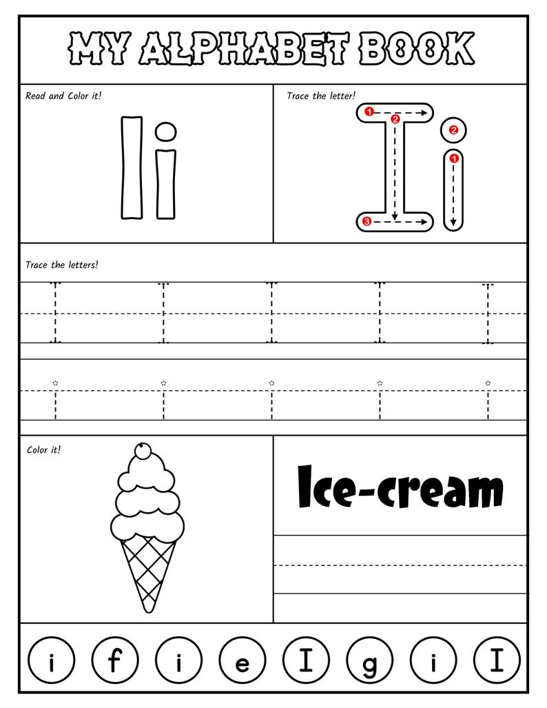 A printable worksheet page for the letter I with stroke order numbers, dashed writing lines, a coloring graphic of an ice cream cone, and letter circles at the bottom.