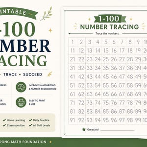 Peut inclure: Une feuille de travail imprimable pour tracer les nombres de 1 &agrave; 100, pr&eacute;sentant une grille num&eacute;rot&eacute;e. Le design utilise du texte vert et bleu fonc&eacute; avec des motifs botaniques. Le document affiche le titre 1-100 NUMBER TRACING, une section pour tracer les chiffres et une ligne pour un nom avec la mention Great job!