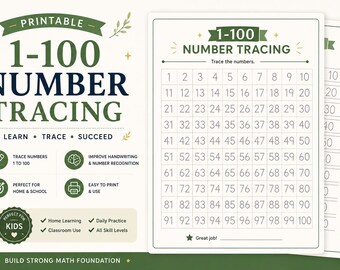 1-100 Number Tracing Worksheets – Preschool Kindergarten Math Practice (Digital Download)