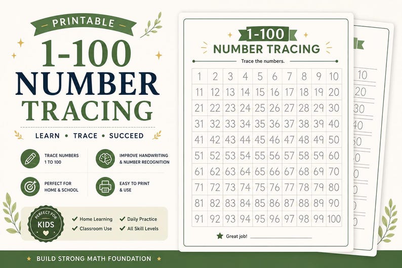 Peut inclure: Une feuille de travail imprimable pour tracer les nombres de 1 &agrave; 100, pr&eacute;sentant une grille num&eacute;rot&eacute;e. Le design utilise du texte vert et bleu fonc&eacute; avec des motifs botaniques. Le document affiche le titre 1-100 NUMBER TRACING, une section pour tracer les chiffres et une ligne pour un nom avec la mention Great job!