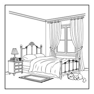 A line drawing of a bedroom with a bed, nightstand with a lamp, a rug, and a cat sleeping on the floor next to a window with curtains.