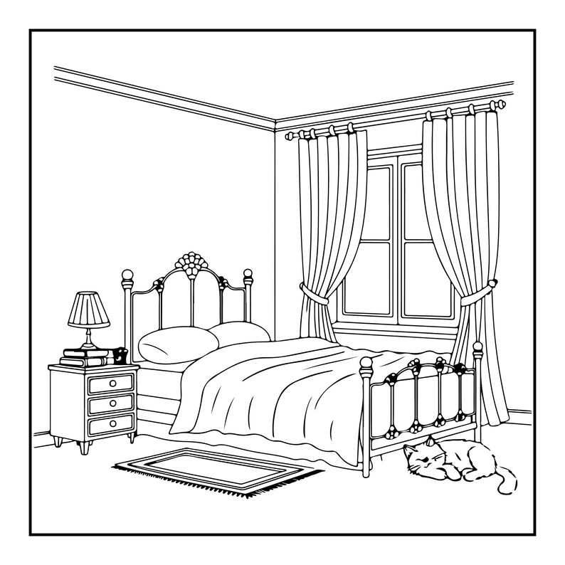 A line drawing of a bedroom with a bed, nightstand with a lamp, a rug, and a cat sleeping on the floor next to a window with curtains.