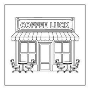 A line drawing of a storefront with an awning and the words "COFFEE LUCK" above the door, with four tables and chairs outside.